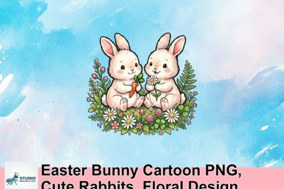 Download Easter Bunny Cartoon PNG, Cute Rabbits, Floral Design - Sign Collection